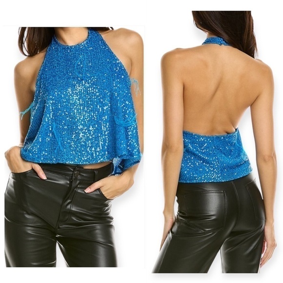 New with tag Ronny‎ Kobo Tella Blue Sequin Halter Top, Size Large - Picture 1 of 15